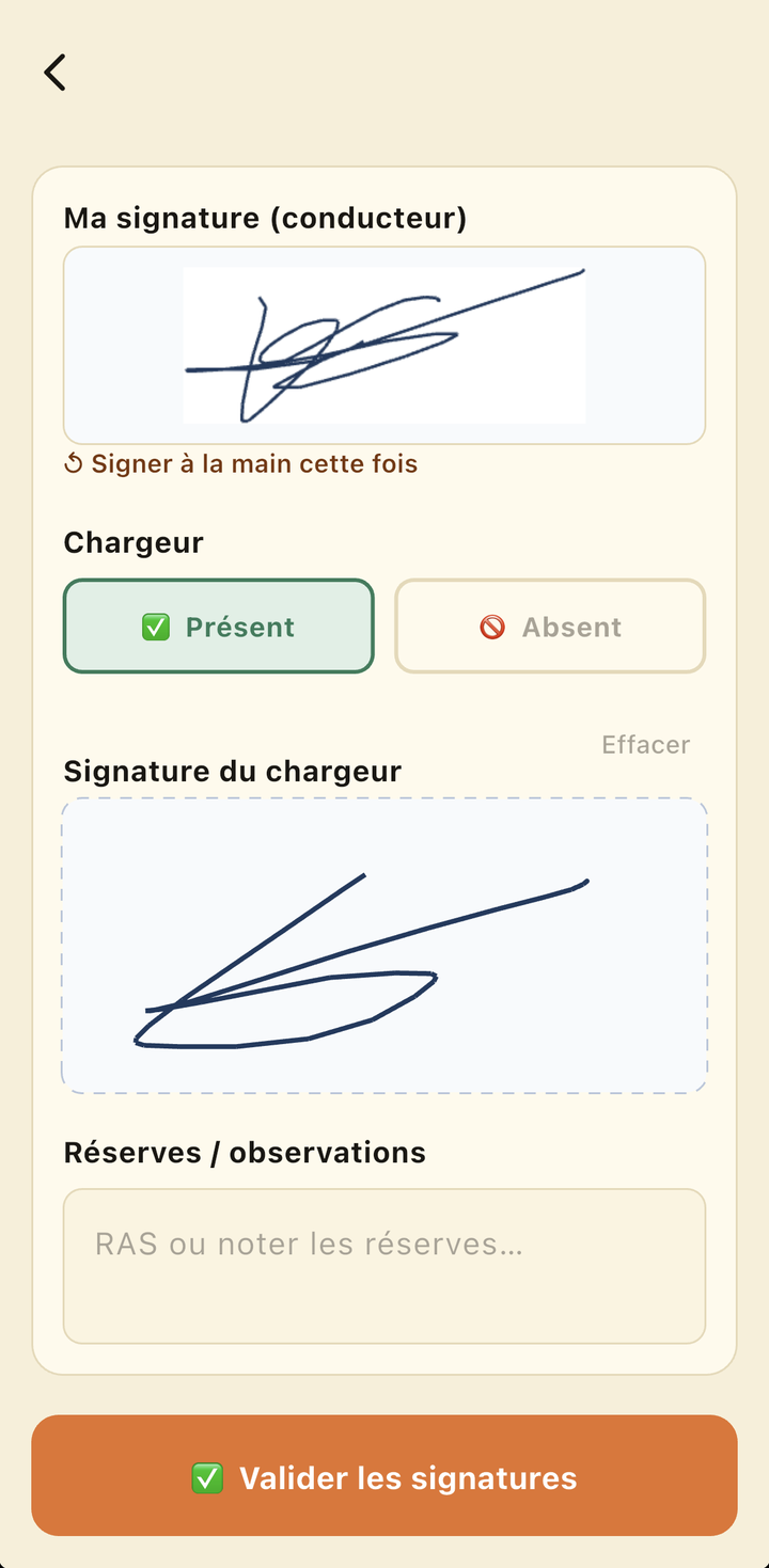 L’application conducteur : le destinataire signe du doigt sur le téléphone, avec ses réserves